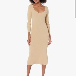 Elegant Long Sleeve Ribbed Midi Dress - Tan